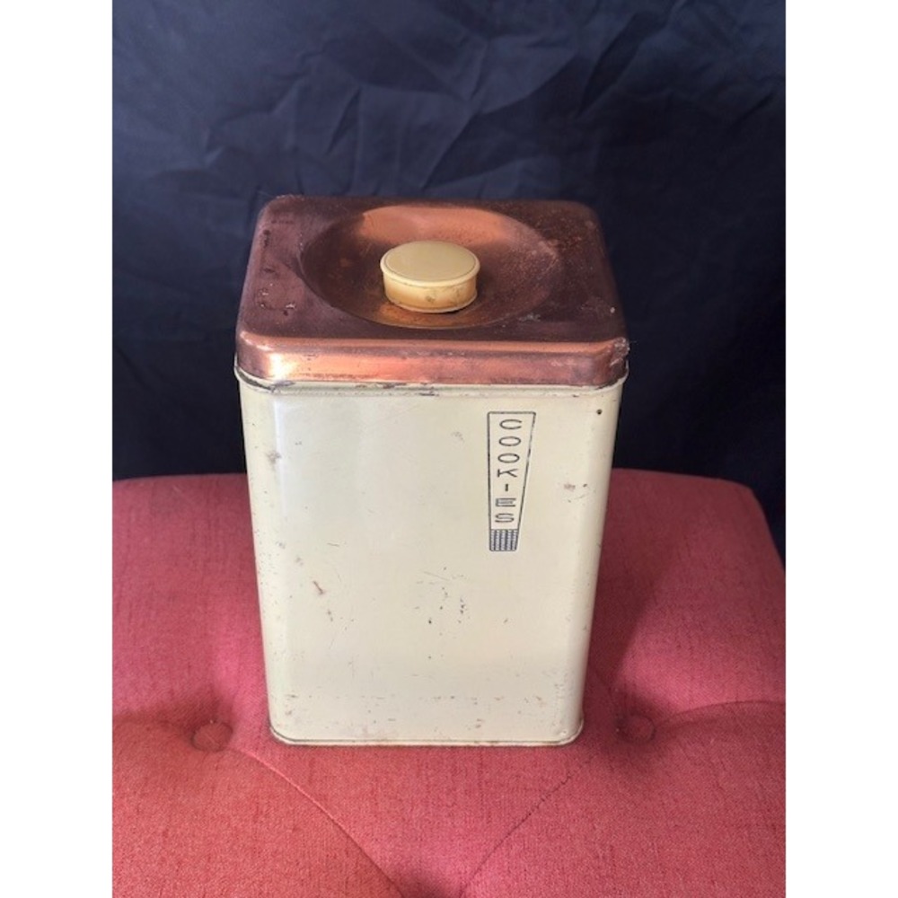 Vintage Lincoln BeautyWare Cookie Jar Tin Cream Copper Lid Mid Century Retro